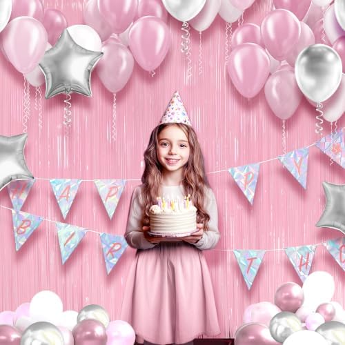10 Pack Pastel Light Pink Fringe Backdrop, 3.2x8.2ft Shining Foil Tinsel Curtains, Birthday Party Decorations, alternate view