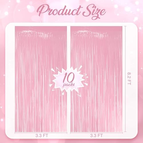 10 Pack Pastel Light Pink Fringe Backdrop, 3.2x8.2ft Shining Foil Tinsel Curtains, Birthday Party Decorations, alternate view