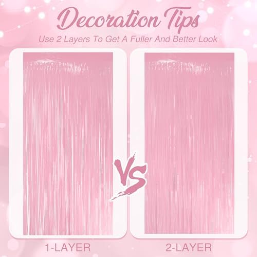 10 Pack Pastel Light Pink Fringe Backdrop, 3.2x8.2ft Shining Foil Tinsel Curtains, Birthday Party Decorations, alternate view