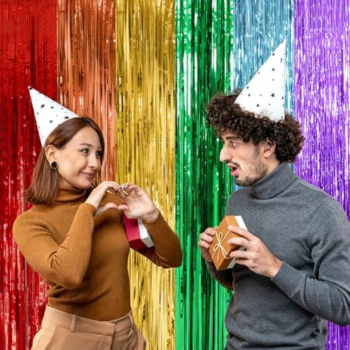10 Pack Rainbow Backdrop Party Decorations Tinsel Curtain Party Streamer Foil Fringe Birthday Decorations Photo, alternate