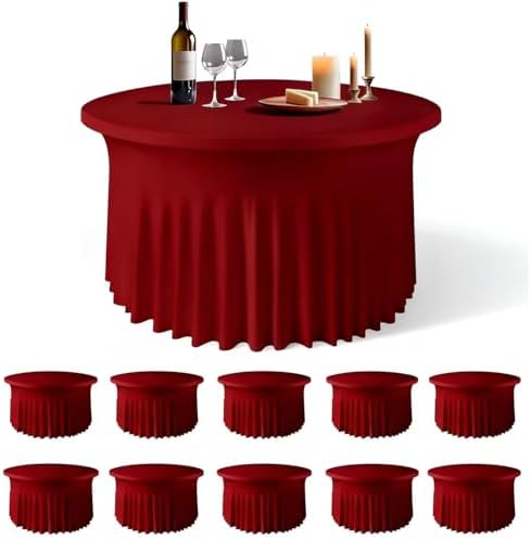 10 Pack Red Round Spandex Tablecloths for 60in Tables, 120Inch Stretchy Fitted 5FT Round Table Clothes, Wrinkle