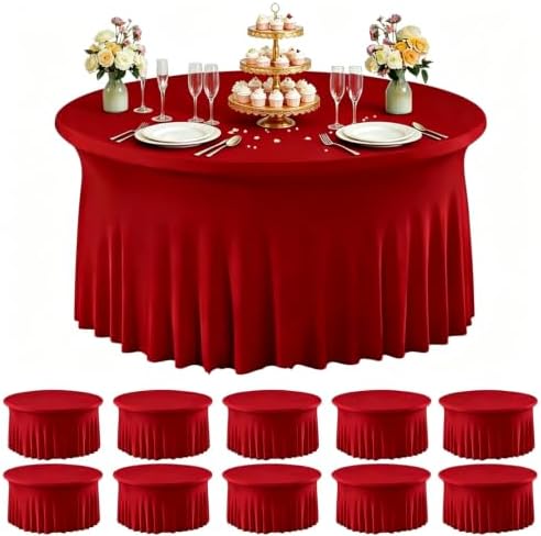 10 Pack Red Spandex Round Tablecloths for 60inch Tables, 120 Inch Stretchy 5ft Round Fitted Tablecloth Wrinkle