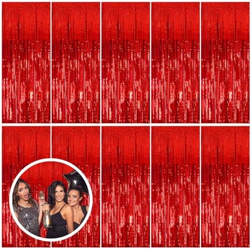 10 Pack Red Streamers Party Backdrop Christmas Decorations Foil Fringe Backdrop Curtains Carnival Casino Theme