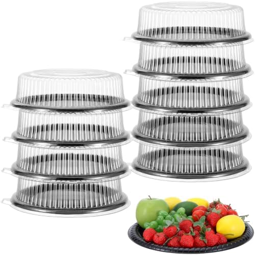 10 Pack Round Disposable Serving Trays with Clear Lids, 12 Inch Heavy Duty PET Plastic Catering Platters for