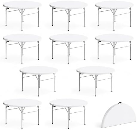 10 Pack Round Plastic Bi-Fold Folding Table, 60 Inch, Granite White, Alloy Steel Frame for Banquets, Catering