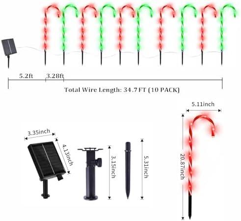 10 Pack Solar Candy Cane Lights, 21 Inch Red and Green Christmas Yard Decor, alternate view 3