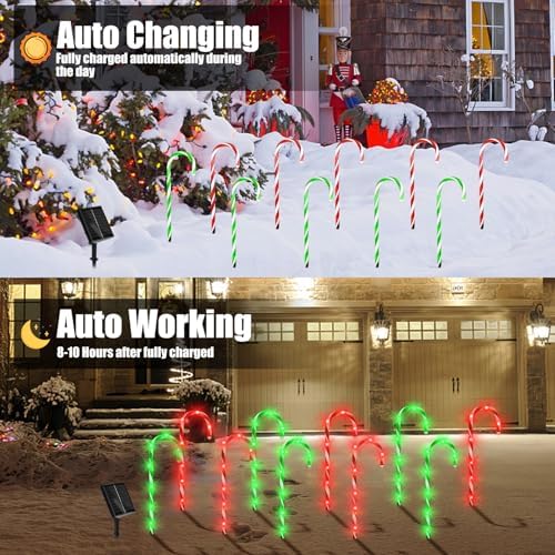10 Pack Solar Candy Cane Lights, 21 Inch Red and Green Christmas Yard Decor, alternate view 6