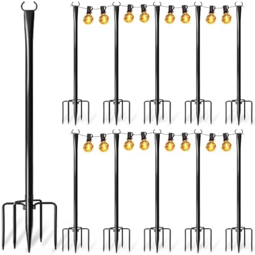 10 Pack String Light Poles for Outside, Upgraded Heavy-Duty Metal Poles for Outdoor String Lights with Fork