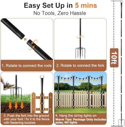 10 Pack String Light Poles for Outside, Upgraded Heavy-Duty Metal Poles for Outdoor String Lights with Fork, alternate view 6