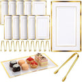 10 Pack White & Gold Plastic Serving Trays with 10 Stainless Steel Tongs - Elegant Disposable Platters for