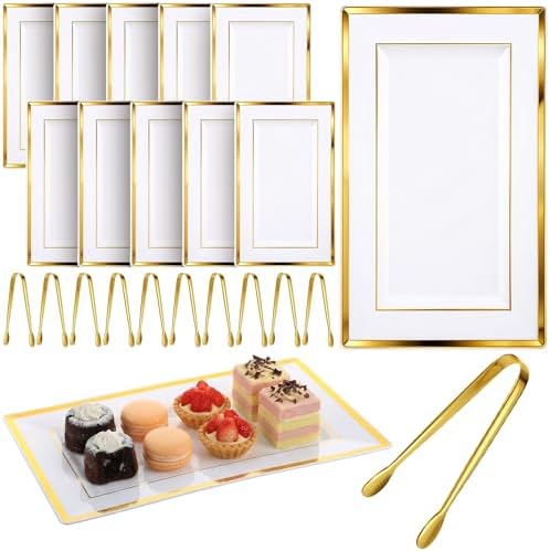 10 Pack White & Gold Plastic Serving Trays with 10 Stainless Steel Tongs - Elegant Disposable Platters for