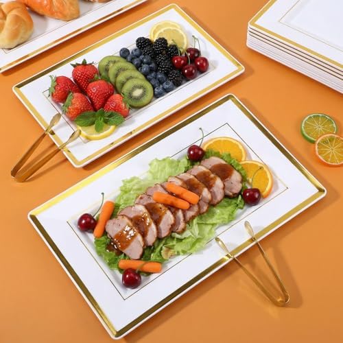 10 Pack White & Gold Plastic Serving Trays with 10 Stainless Steel Tongs - Elegant Disposable Platters for, alternate view 2