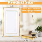10 Pack White & Gold Plastic Serving Trays with 10 Stainless Steel Tongs - Elegant Disposable Platters for, alternate view 3