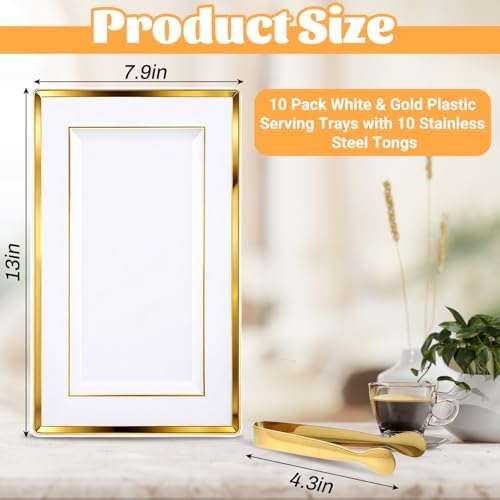 10 Pack White & Gold Plastic Serving Trays with 10 Stainless Steel Tongs - Elegant Disposable Platters for, alternate view 3
