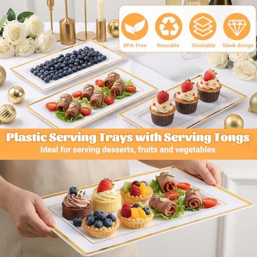10 Pack White & Gold Plastic Serving Trays with 10 Stainless Steel Tongs - Elegant Disposable Platters for, alternate view 4