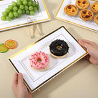 10 Pack White & Gold Plastic Serving Trays with 10 Stainless Steel Tongs - Elegant Disposable Platters for, alternate view 5
