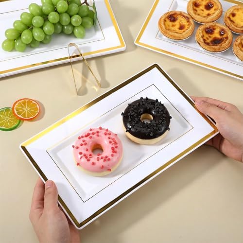 10 Pack White & Gold Plastic Serving Trays with 10 Stainless Steel Tongs - Elegant Disposable Platters for, alternate view 5