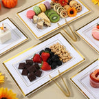 10 Pack White & Gold Plastic Serving Trays with 10 Stainless Steel Tongs - Elegant Disposable Platters for, alternate view 7