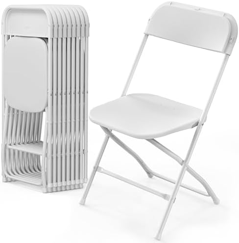 10 Pack White Plastic Folding Chair, Indoor Outdoor Portable Stackable Commercial Seat with Steel Frame 350lb