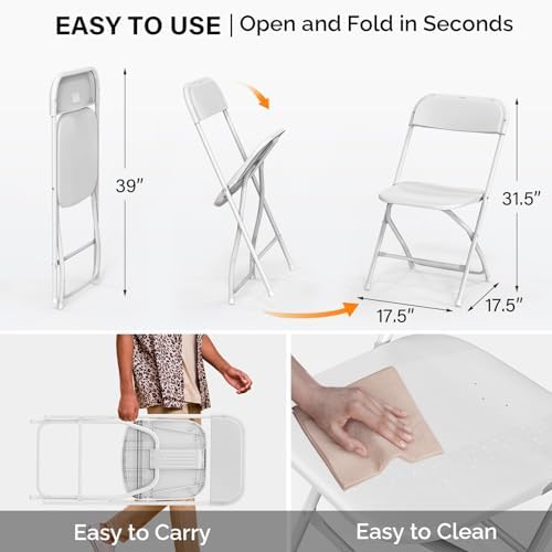 10 Pack White Plastic Folding Chair, Indoor Outdoor Portable Stackable Commercial Seat with Steel Frame 350lb, alternate view