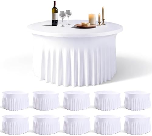 10 Pack White Round Spandex Tablecloths for 60in Tables, 120Inch Stretchy Fitted 5FT Round Table Clothes