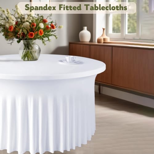 10 Pack White Round Spandex Tablecloths for 60in Tables, 120Inch Stretchy Fitted 5FT Round Table Clothes, alternate view 2