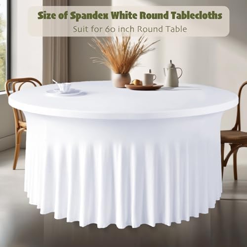 10 Pack White Round Spandex Tablecloths for 60in Tables, 120Inch Stretchy Fitted 5FT Round Table Clothes, alternate view 3