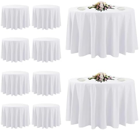 10 Pack White Round Tablecloths, 120 Inch Stain Resistant and Wrinkle Polyester Fabric Washable Table Clothes
