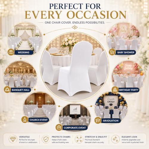10 Pack White Spandex Chair Covers - Stretch Polyester Slipcovers for Wedding, Banquet, Party & Dining Chairs, alternate view