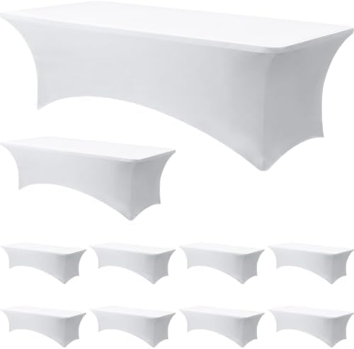 10-Pack White Spandex Tablecloth for 8ft Rectangle Tables, Fitted Stretch Table Cover, Wrinkle-Resistant Stretch