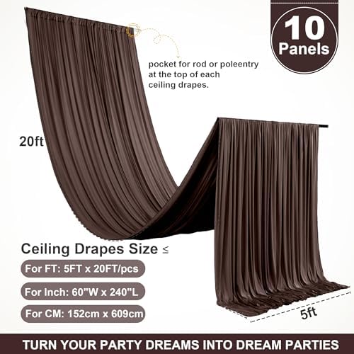 10 Panels 5ft(W) x 20ft(L) Brown Ceiling Drapes for Wedding Parties, alternate view 6