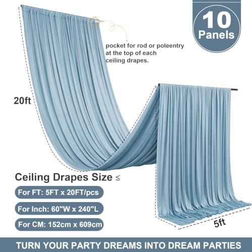 10 Panels 5ft(W) x 20ft(L) Dusty Blue Ceiling Drapes for Wedding Parties, alternate view 3