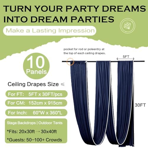 10 Panels 5ftx30ft Navy Blue Ceiling Drapes for Wedding Party, alternate view 6