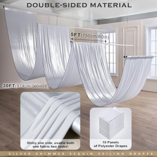 10 Panels 5ftx30ft Silver Ceiling Curtain for Wedding Parties, alternate view 2