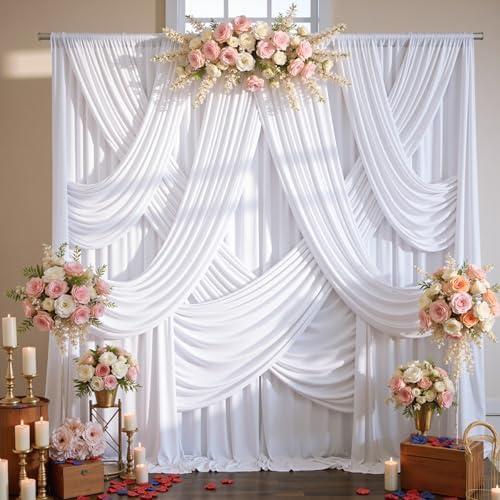 10 Panels 5x12ft White Backdrop Curtains for Wedding Parties, Wrinkle Free Polyester 12 ft Long Photo Backdrop