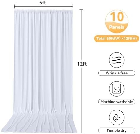 10 Panels 5x12ft White Backdrop Curtains for Wedding Parties, Wrinkle Free Polyester 12 ft Long Photo Backdrop, alternate