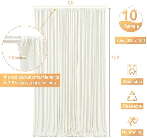 10 Panels Ivory Backdrop Curtain for Wedding Parties Wrinkle Free Ivory Photo Curtains Backdrop Drapes Fabric, alternate view