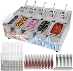 10 Pans Stainless Steel Pizza Topping Storage Station with Lids in Silver 2 Rows