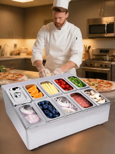 10 Pans Stainless Steel Pizza Topping Storage Station with Lids in Silver 2 Rows, alternate view 2