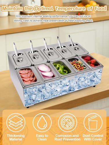 10 Pans Stainless Steel Pizza Topping Storage Station with Lids in Silver 2 Rows, alternate view 4