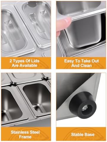 10 Pans Stainless Steel Pizza Topping Storage Station with Lids in Silver 2 Rows, alternate view 5