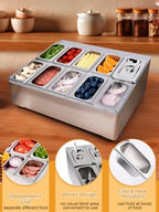 10 Pans Stainless Steel Pizza Topping Storage Station with Lids in Silver 2 Rows, alternate view 6