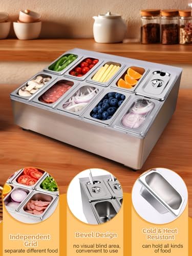 10 Pans Stainless Steel Pizza Topping Storage Station with Lids in Silver 2 Rows, alternate view 6