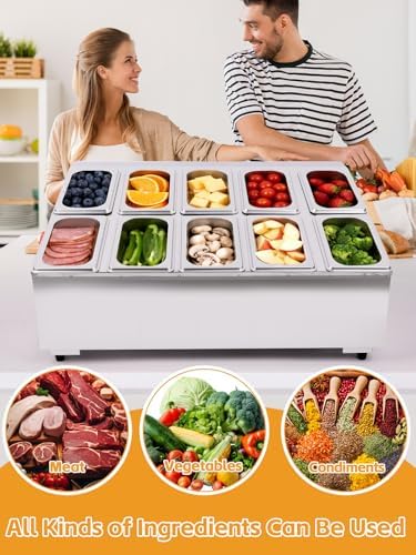 10 Pans Stainless Steel Pizza Topping Storage Station with Lids in Silver 2 Rows, alternate view 7