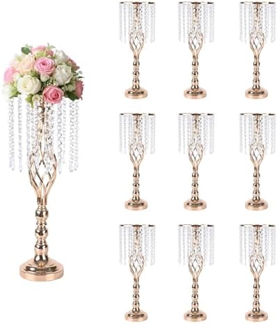 10 Pcs 21.6 Inch Crystal Flower Stand Gold Wedding Centerpieces Gold Flower Stand Vases Centerpiece Decorations