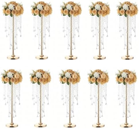 10 Pcs 21.65 inches Crystal Flower Stand Wedding Centerpieces for Tables, Tabletop Gold Metal Flower Arrangement