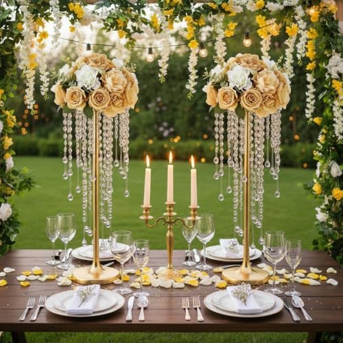 10 Pcs 21.65 inches Crystal Flower Stand Wedding Centerpieces for Tables, Tabletop Gold Metal Flower Arrangement, alternate