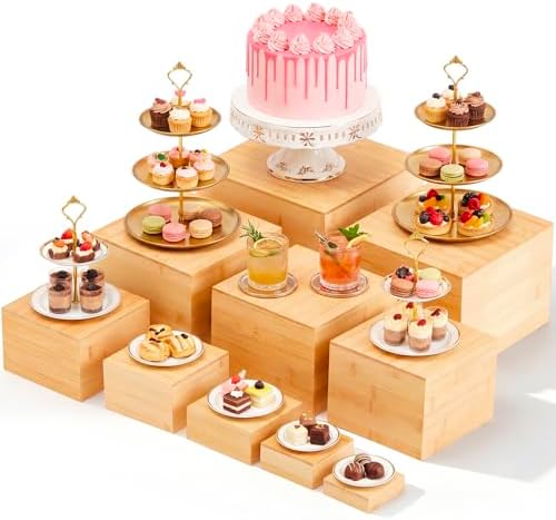 10 Pcs Bamboo Buffet Risers and Stands for Food, 3''-9.8'' in Bamboo