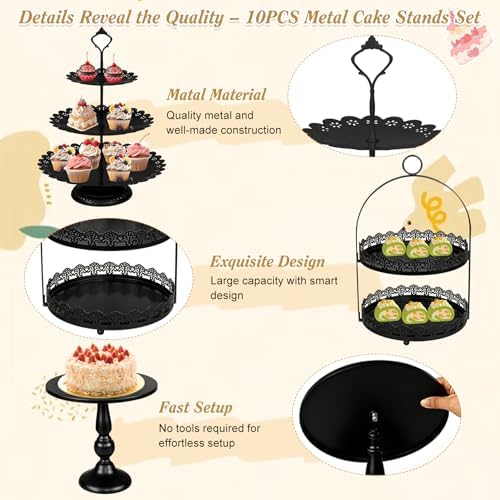 10 Pcs Black Cake Stand Set Metal Cupcake Stands, Multiple Styles Dessert Display Tower for Candy Fruit, Cake, alternate view