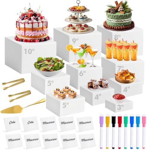 10 Pcs Buffet Risers with Mini Sign and Maker Serving Tongs Cake Cutter, White Acrylic Food Display Stands for
